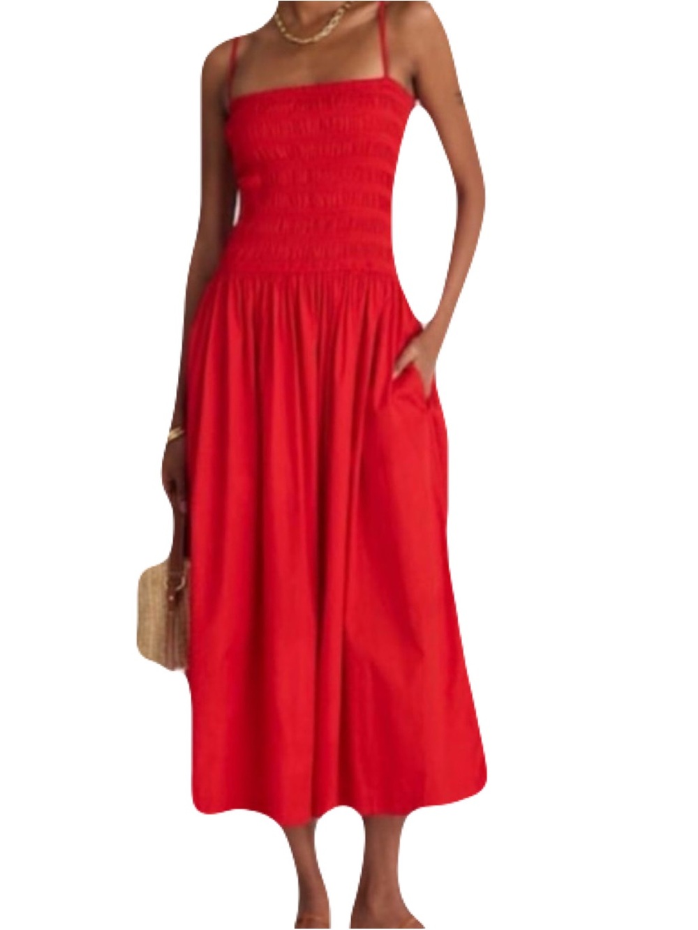 Madewell Women’s Size XL Red Smocked Midi Dress with Spaghetti Straps Pockets